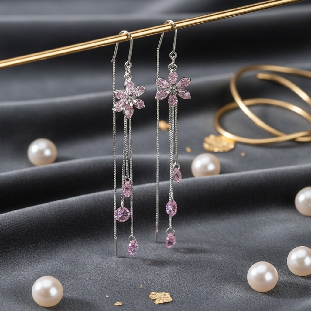 S925 Sterling Silver Flower Long Tassel Pendant Earrings
